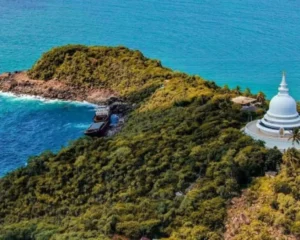 Panoramic ocean view from Rumassala Hill Japanese Peace Pagoda